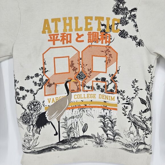 Blind Rooster Sweatshirt Mens Small Cream Japanese Landscape Graphic Floral‎ - Picture 2 of 13